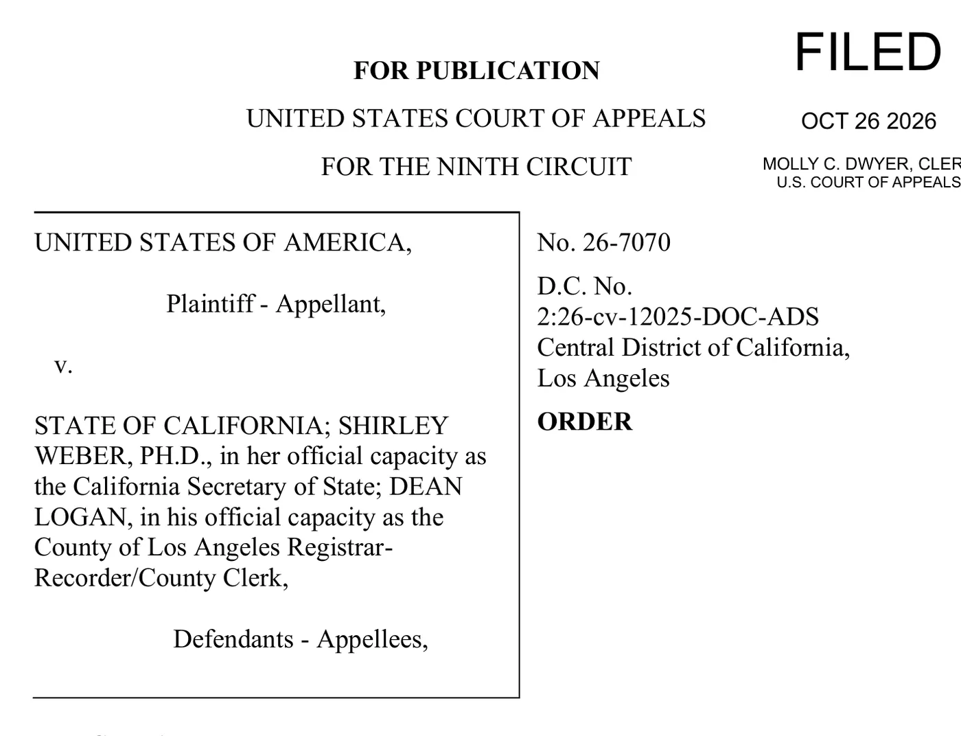 First page of the 9th Circuit order, filed Oct. 26, 2026.