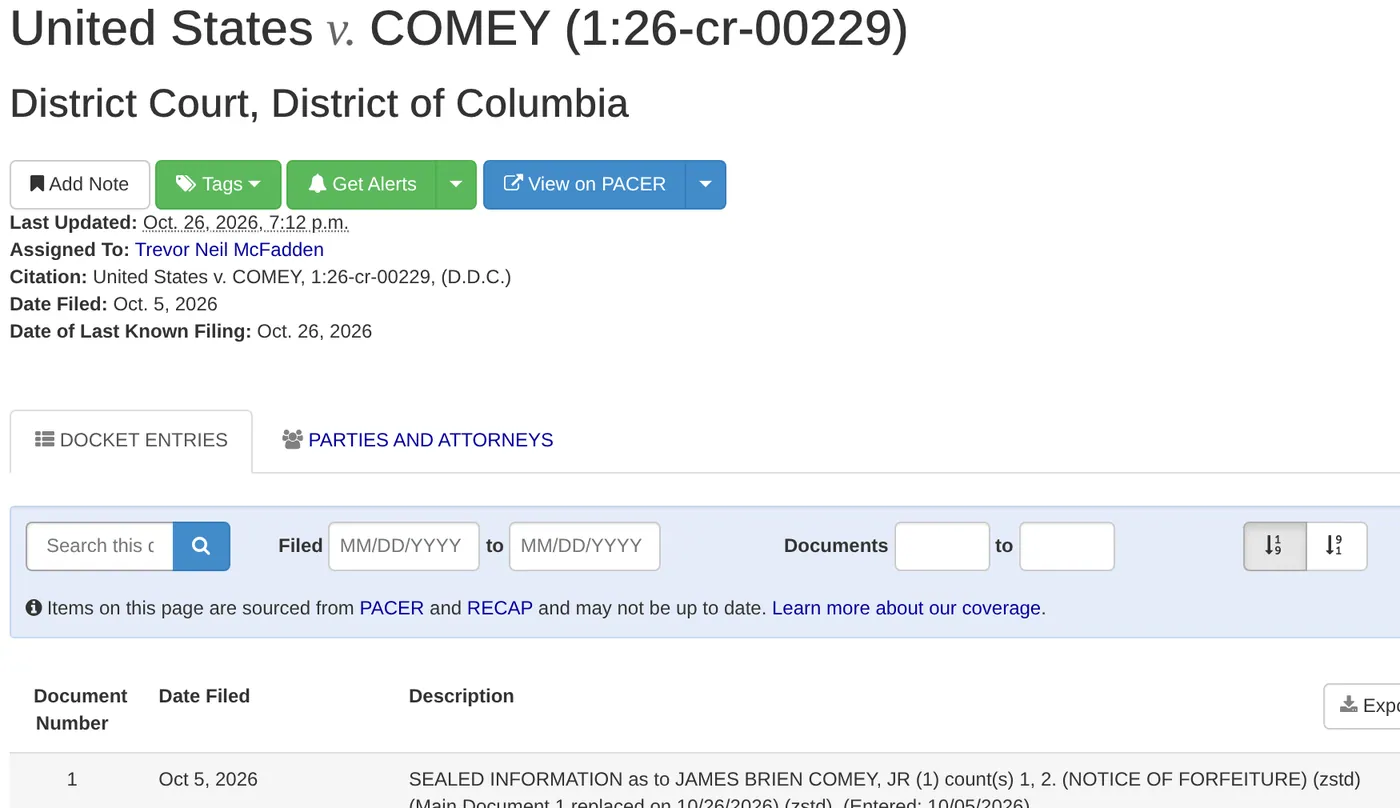 Court docket: United States v. Comey, 1:26-cr-00229 (D.D.C.).